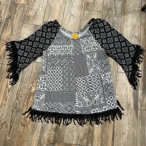 Ruby Road Women’s Sz 20 Flattering Cut Top Split Sides Fringe Trim Black White